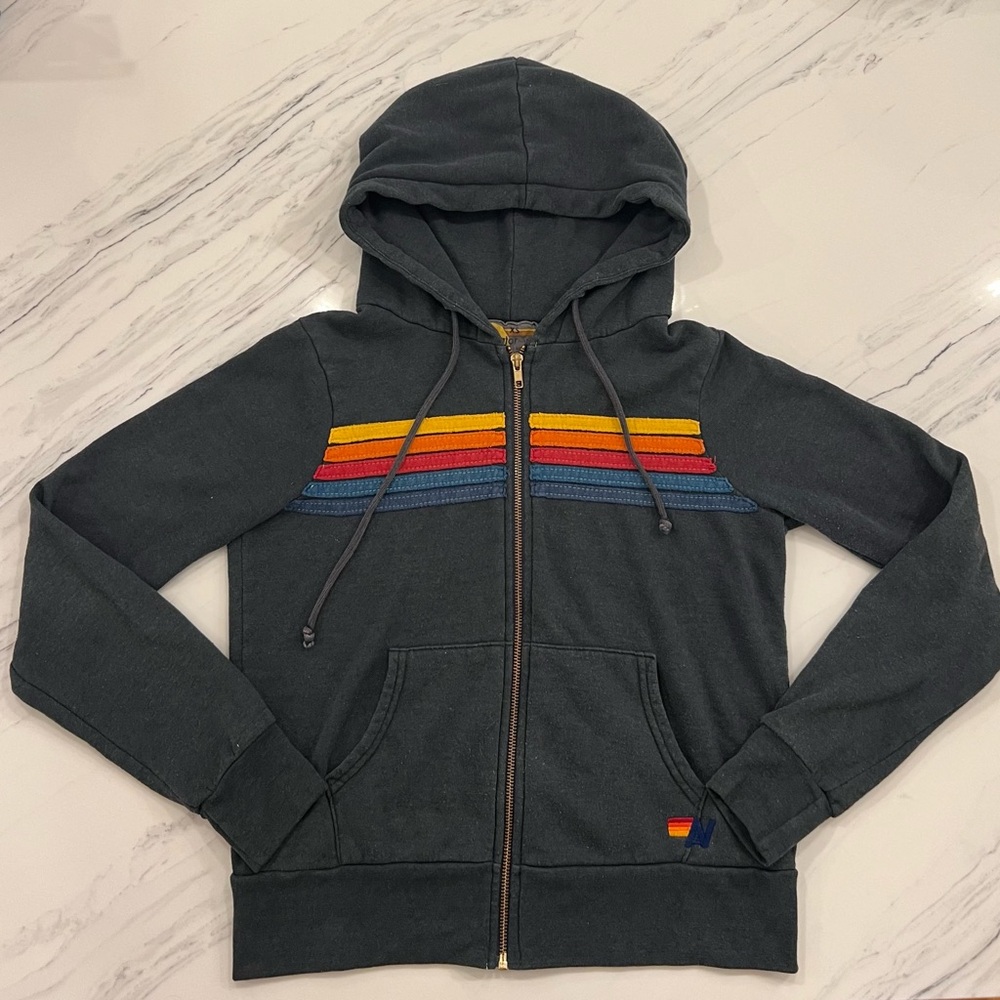 Aviator Nation Charcoal 6 Stripe Hoodie Unisex XS